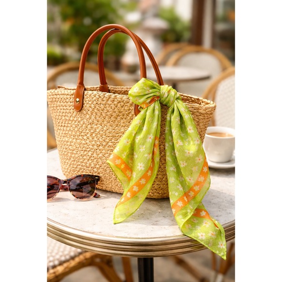 Echo Accessories - Echo Silk Scarf Floral Daisy Green Orange Sheer Square Vintage 21"